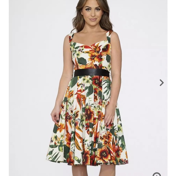 Hearts & Roses Princess Lilly Floral Rose Orange Green PinupRetro Swing Dress 12 - Picture 3 of 16